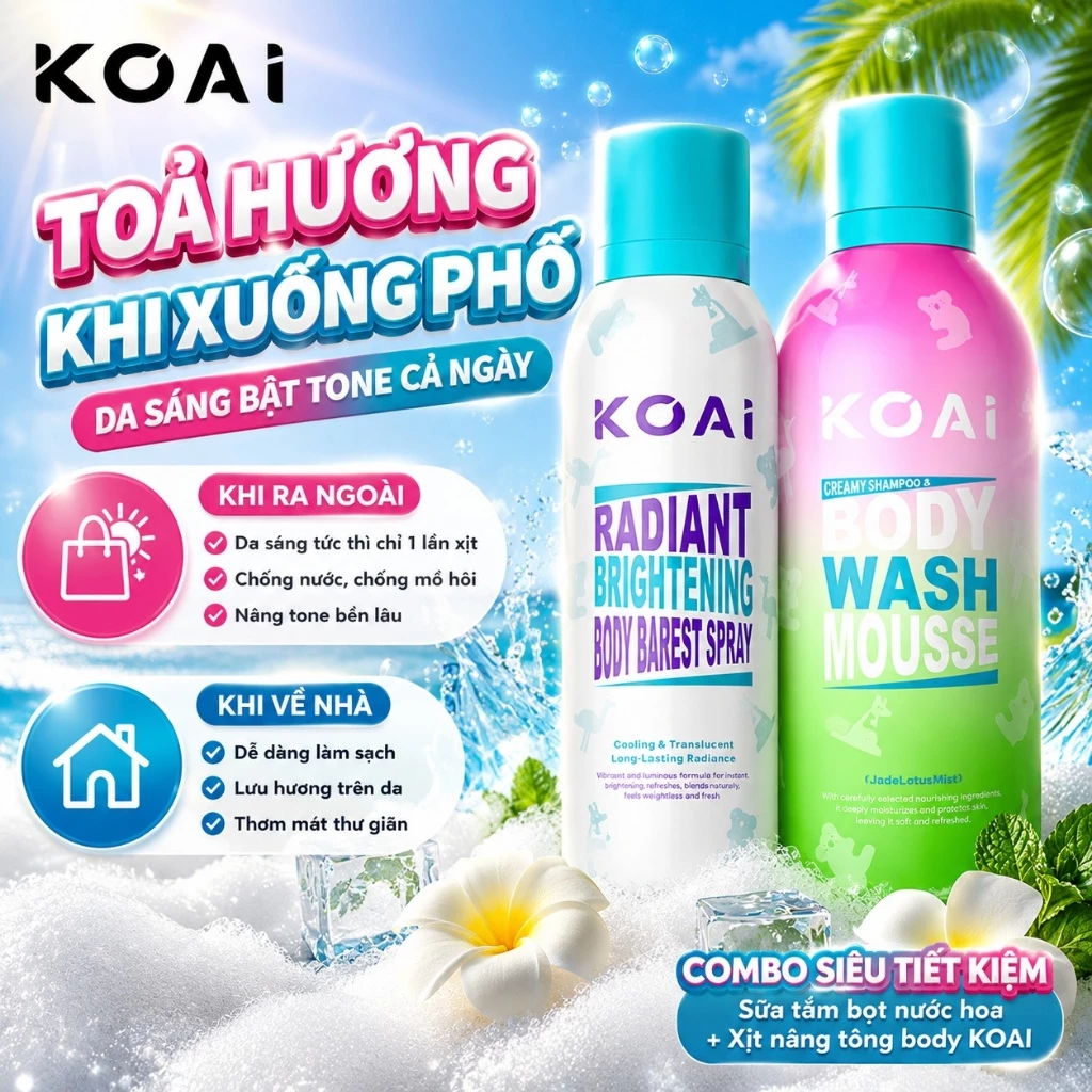 Combo Xịt Body Koai 200ml + sữa tắm tạo bọt mịn350ml Lưu hương dài lâu dưỡng ẩm da hương nước hoa