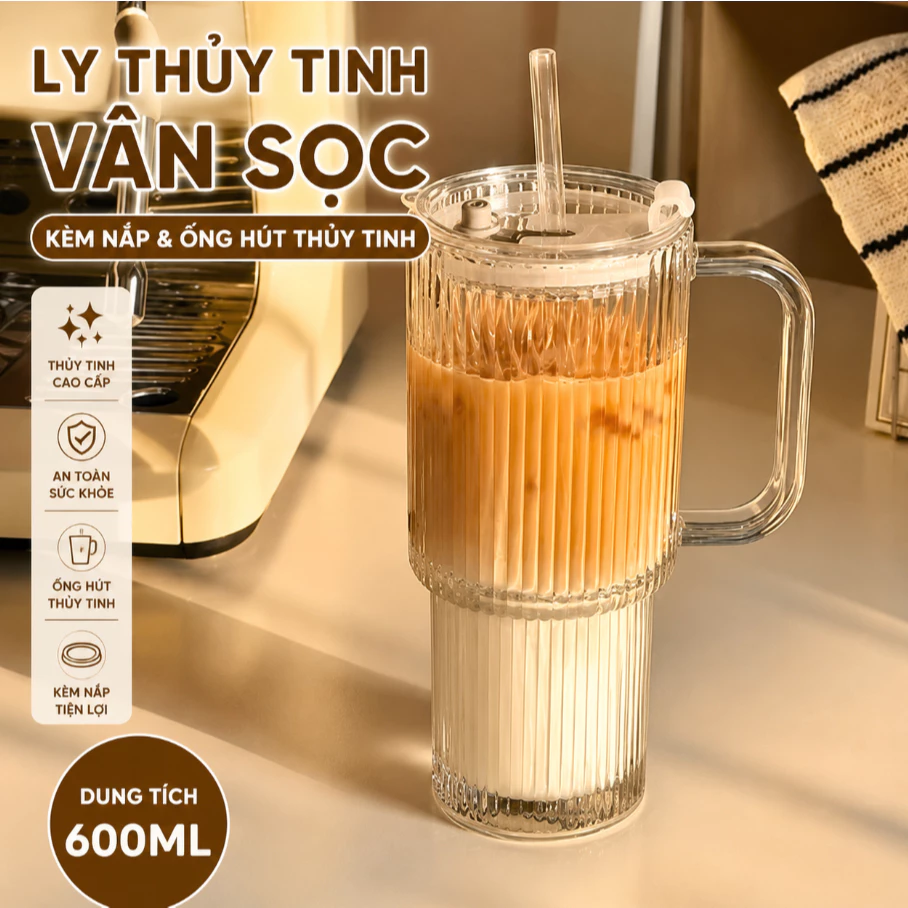 Ly Thủy Tinh Có Quai Cầm Kèm Nắp Và Ống Hút Dung Tích 600ML Cốc Uống Nước Cafe Trà Sữa Sinh Tố Cao Cấp
