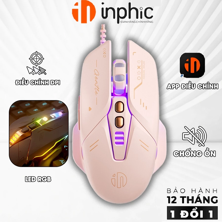 Chuột máy tính gaming INPHIC W8 Version II màu trà sữa có dây silent LED RGB 8800 dpi máy tính vi tính laptop  chơi game