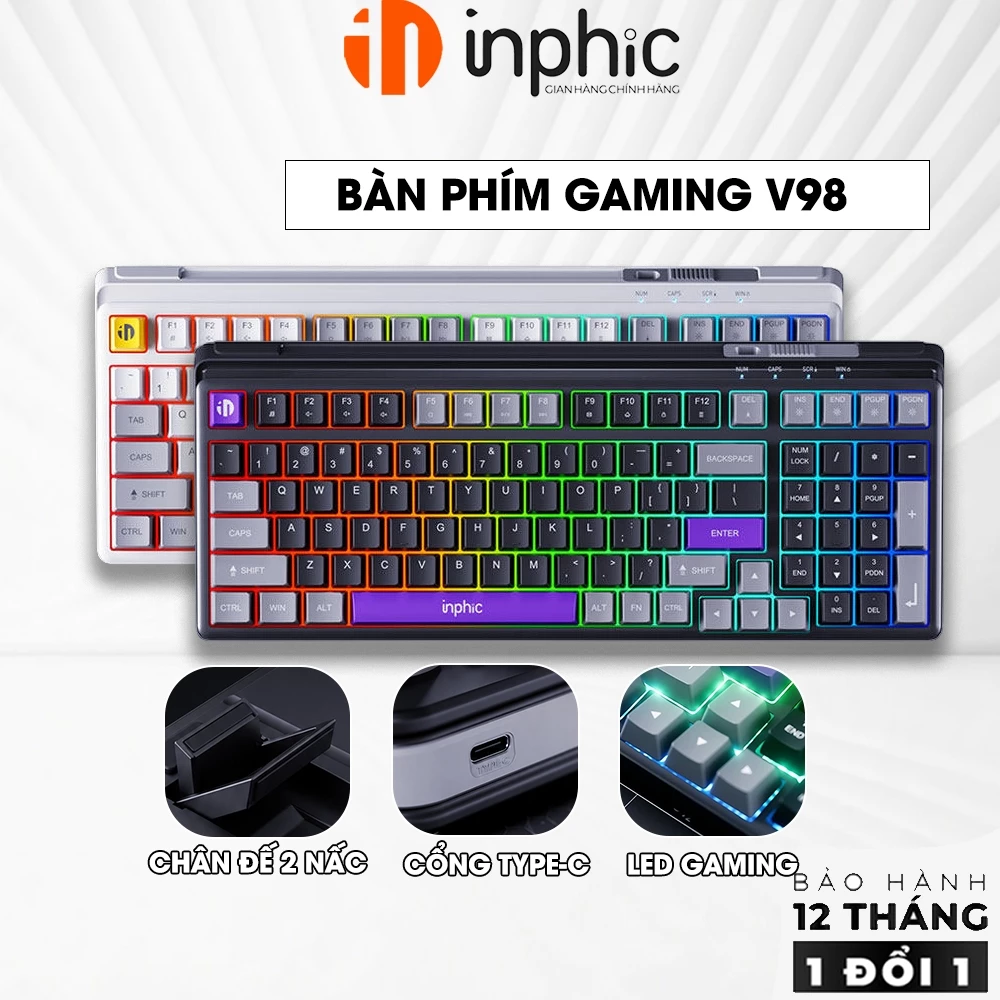 Bàn phím giả cơ có dây gaming INPHIC V98 phím gõ êm chống ồn layout 98 phím đèn led rainbow công thái học