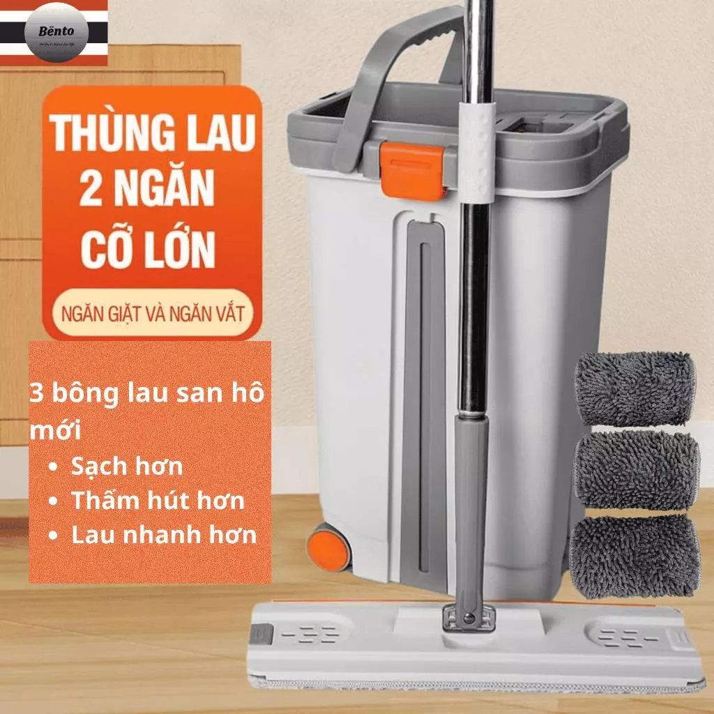 Bentomop (tặng kèm tổng 3 bông) bộ cây lau nhà tự vắt thông minh cao cấp CỠ LỚN TV3 -15 lít  (2 bông lau + 1 bông KM)