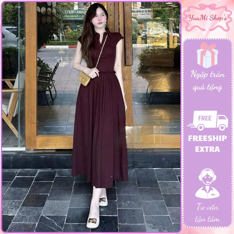Đầm polo dáng dài sát nách cổ đức cài cúc eo bo chun xòe nhẹ thô lụa mềm mại dạo phố đi chơi hcom2782