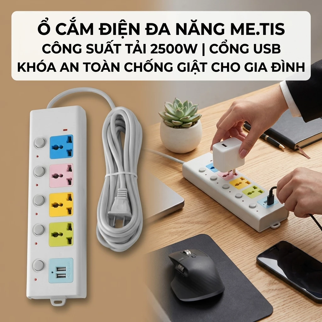 Ổ Cắm Điện 4 Cổng Chống Giật Công Suất 2000W Kèm 2 USB