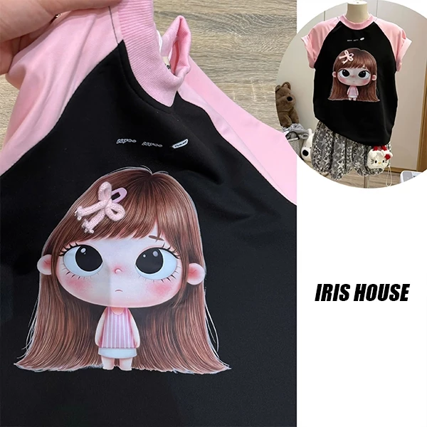 Áo Thun Babytee Nữ Cổ Tròn Tay Ngắn Họa Tiết Cô Gái Cute , Áo Phông Form Fit Phối Màu Tay Chất Cotton Thoáng Mát