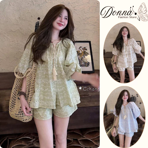 Set bộ đùi nữ áo babydoll thêu đục lỗ cộc tay phối quần short thun cotton đi chơi dạo phố HCOM27229