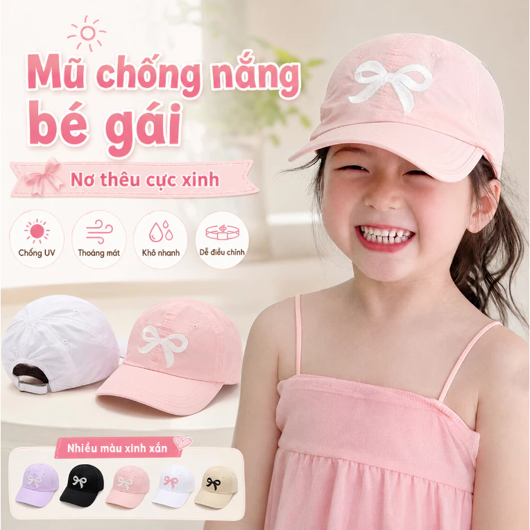 Mũ Che Nắng Trẻ Em Siêu Mỏng Nhanh Khô Bé Thích Đội Thêu Nơ Xinh Chất Mềm Thoáng Điều Chỉnh Được Phong Cách Hoạt Hình