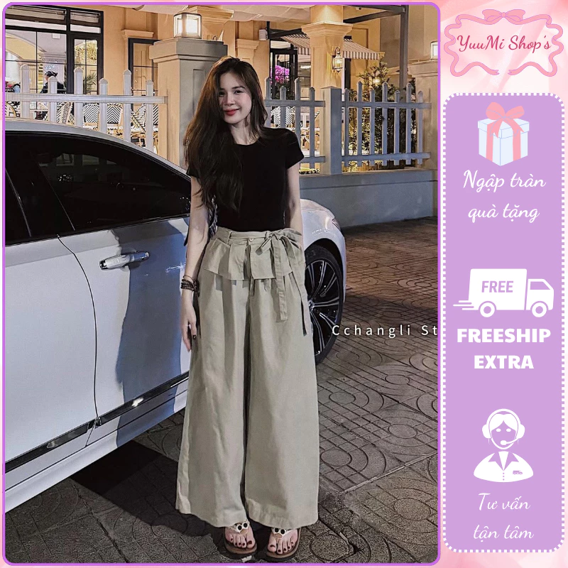 Set nữ trẻ trung bộ quần áo thun cotton cộc tay mix quần kaki ống rộng suông hack eo HCOM27271