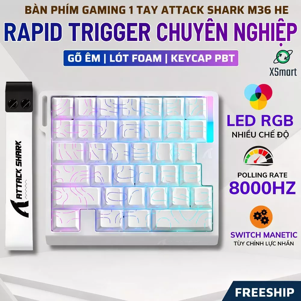 Bàn Phím Gaming 1 Tay Attack Shark M36 HE Switch Từ Tính, 8000Hz, LED RGB, Rapid Trigger App Macro