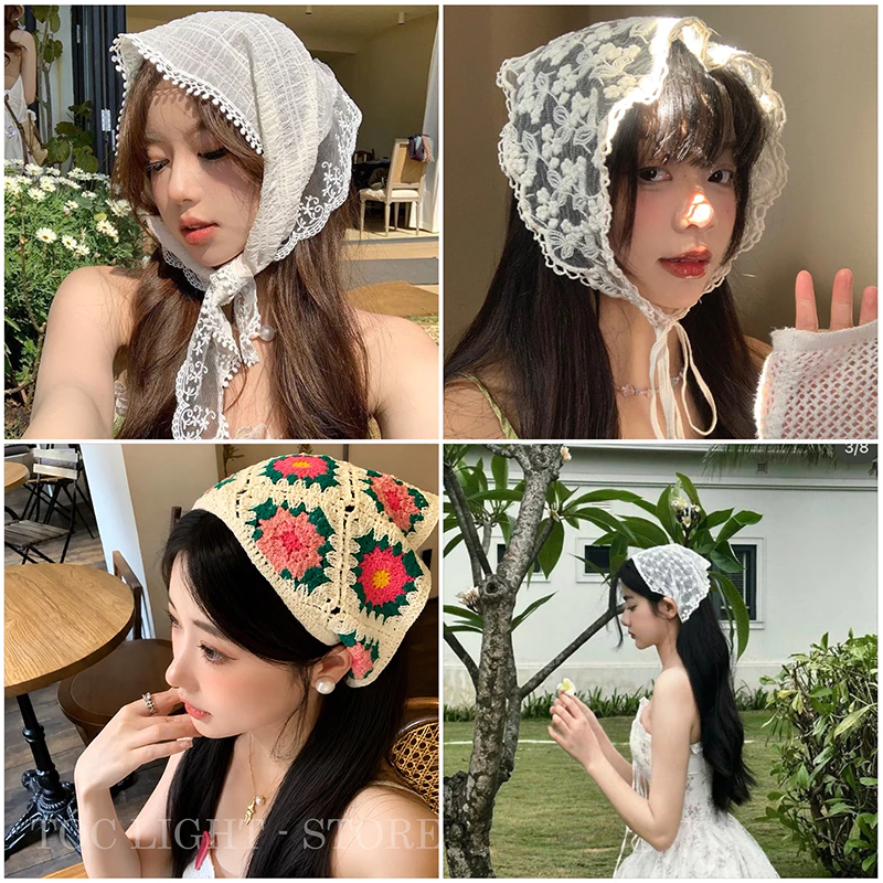 🌿👒 Khăn Turban Nữ đi biển Mùa Hè – Kiểu Dáng Tam Giác Ren Hoa Vintage – Dành Cho Đi Biển, Chụp Hình & Phối Đồ Hằng Ngày