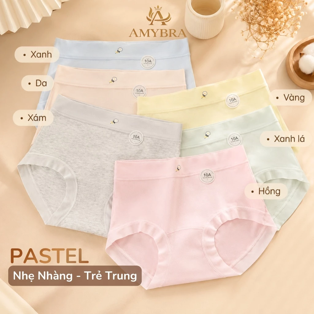 Quần Lót Cotton Cạp Cao Ôm Mông Êm Ái, Quần Chip Nữ Đáy May Thấm Hút Kháng Khuẩn AMYBRA L6017