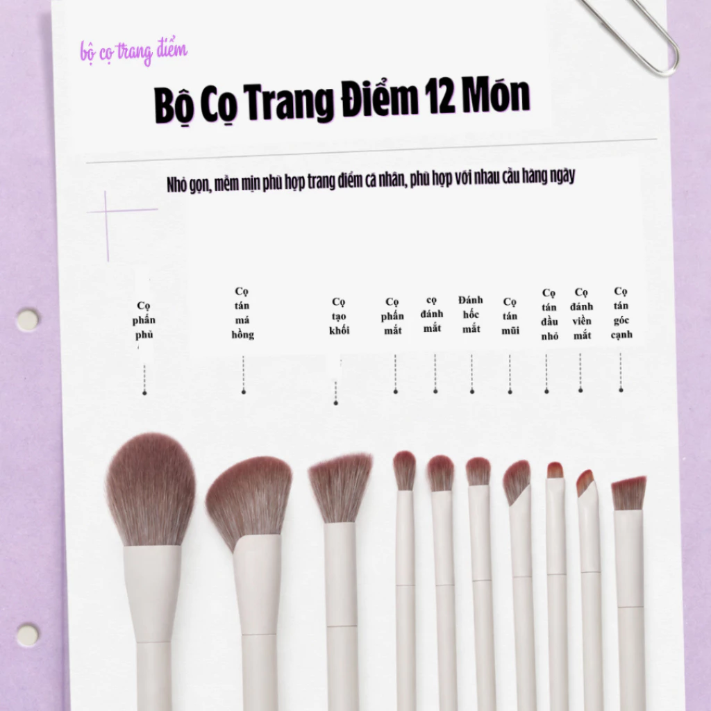[TẶNG BAO DA ]Bộ Cọ Trang Điểm chuyên nghiệp Cá Nhân 12 Cây Trắng Ngà, an toàn cho Da