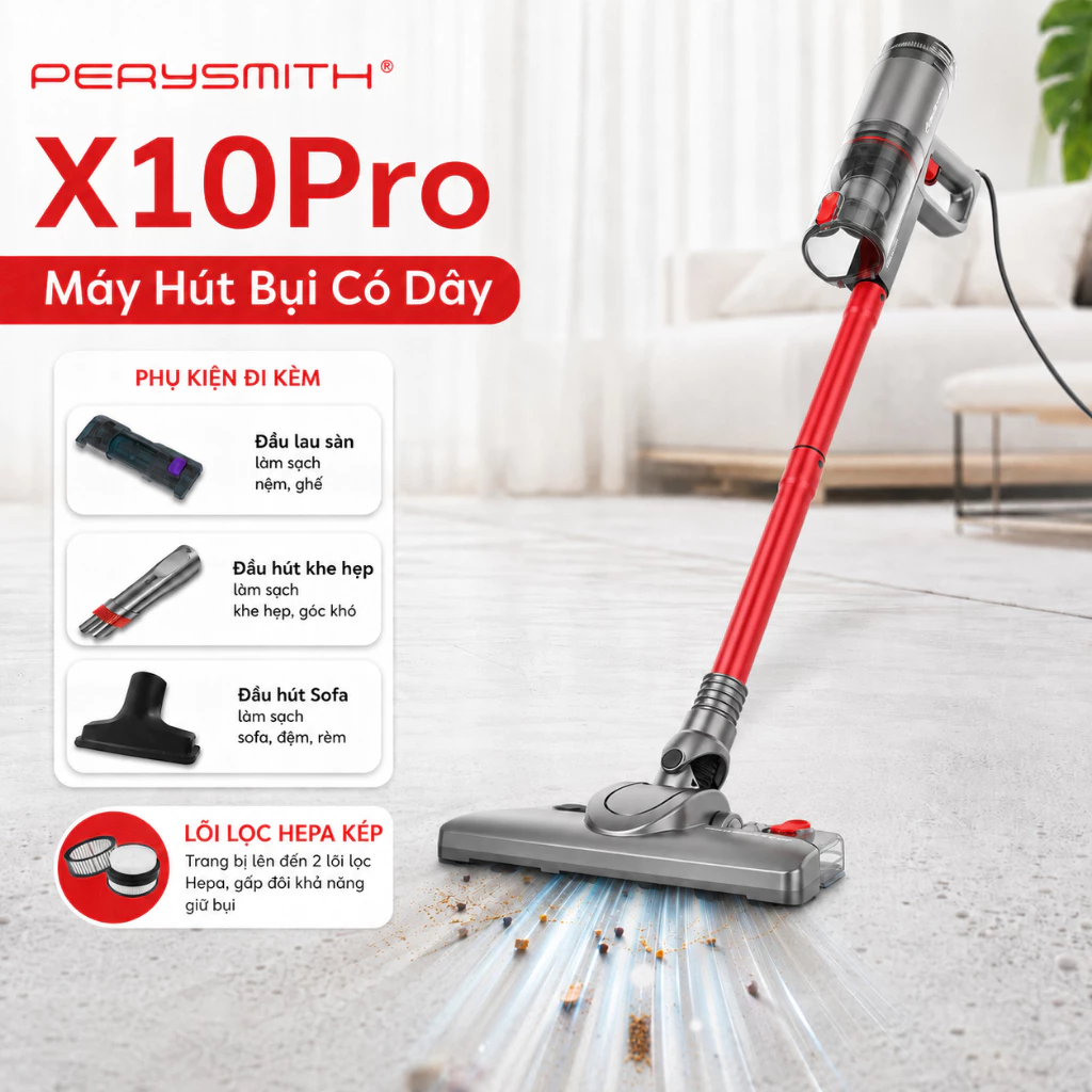[K] Máy Hút Bụi Có Dây PerySmith X10Pro Lực Hút Mạnh 21.000 Pa, Công Suất 600W, Gọn Nhẹ 1Kg