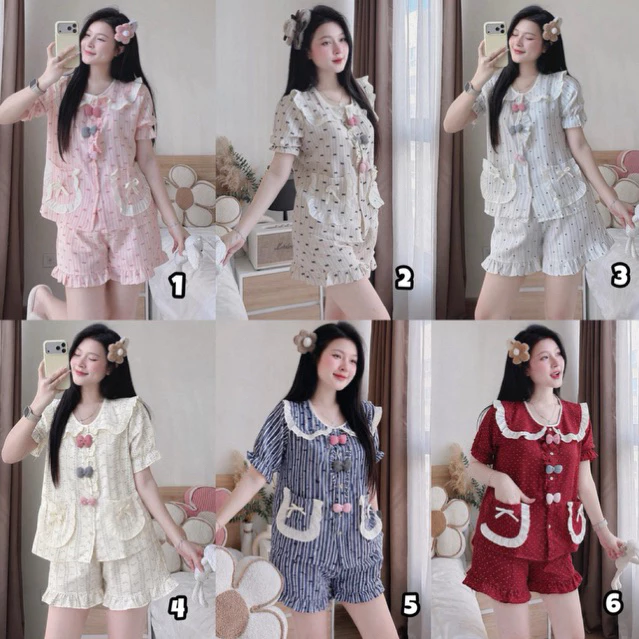 (DEAL MỞ BÁN) Bộ đồ ngủ nữ Pijama ngắn tay cổ bèo tiểu thư đính 3 nơ chất Đũi vân mây mềm mát nhiều hoạ tiết dễ thương