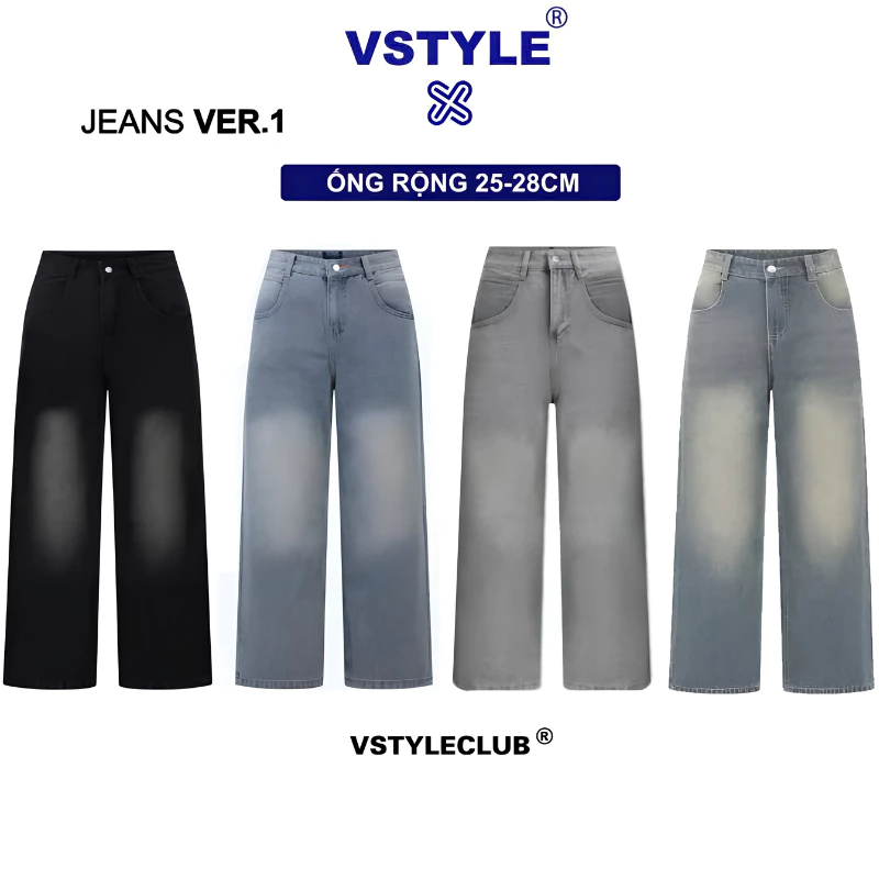 VSTYLE - Quần Jeans Suông Ống Rộng Wash Cạp Cao, Form Rộng, Quần Bò Ống Rộng Suông Lưng Cao, Form Unisex Nam Nữ