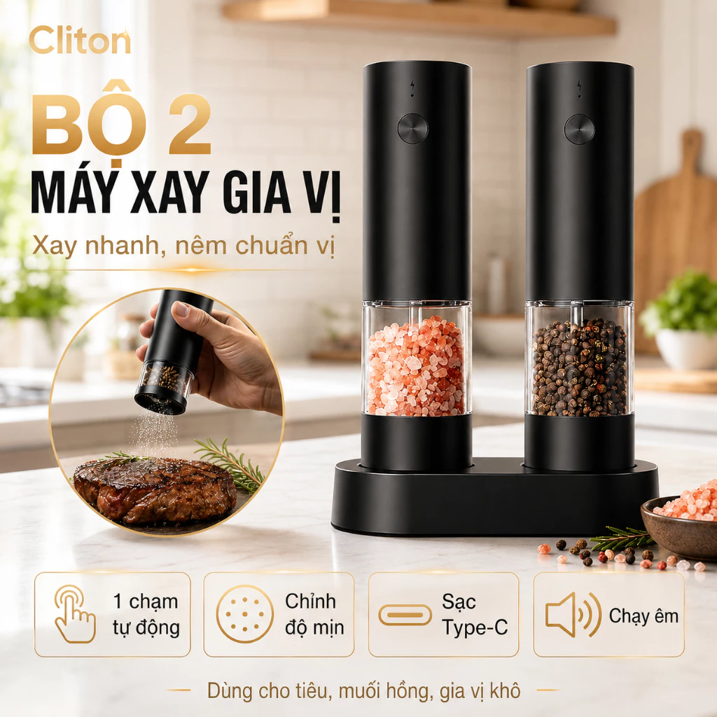 Cliton Máy xay gia vị điện dùng cho tiêu và muối biển. Sạc nhanh, bền, có thể tháo rời và dễ vệ sinh.