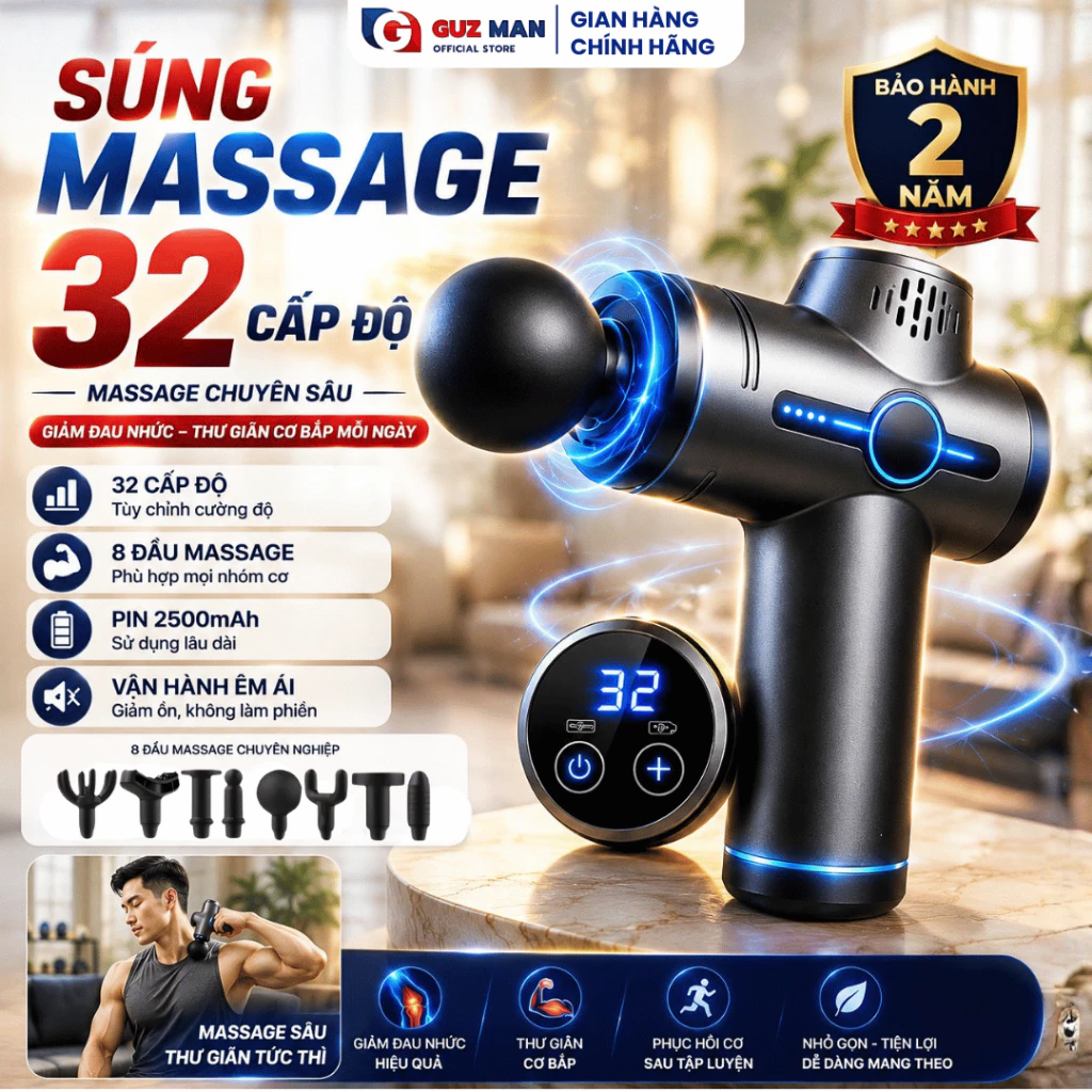 Máy Massage Cầm Tay Cao Cấp, 32 Chế Độ Tặng 8 Đầu Massage Lưng Cổ Vai Gáy Giúp Giảm Đau Mỏi Cơ