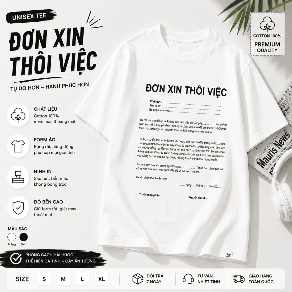 Áo thun nam nữ unisex form boxy in chữ “Đơn xin thôi việc” trẻ trung năng động, hợp xu hướng