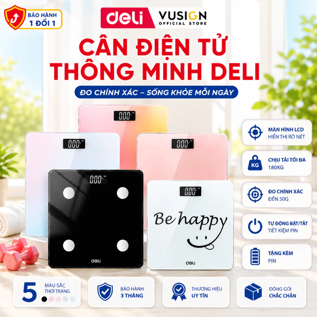 [Tặng dây nhảy]Cân Điện Tử Sức Khỏe Deli Chịu Tải 180kg Màn Hình LED Mặt Kính Cường Lực BẢO HÀNH 3 THÁNG KÈM PIN THAY