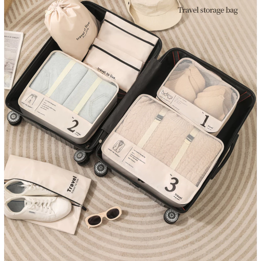 Set 7 Túi Đựng Đồ Du Lịch Sắp Xếp Đồ  Khóa Zip Chống Thấm Túi Vải Nylon Đựng Quần Áo Cao Cấp