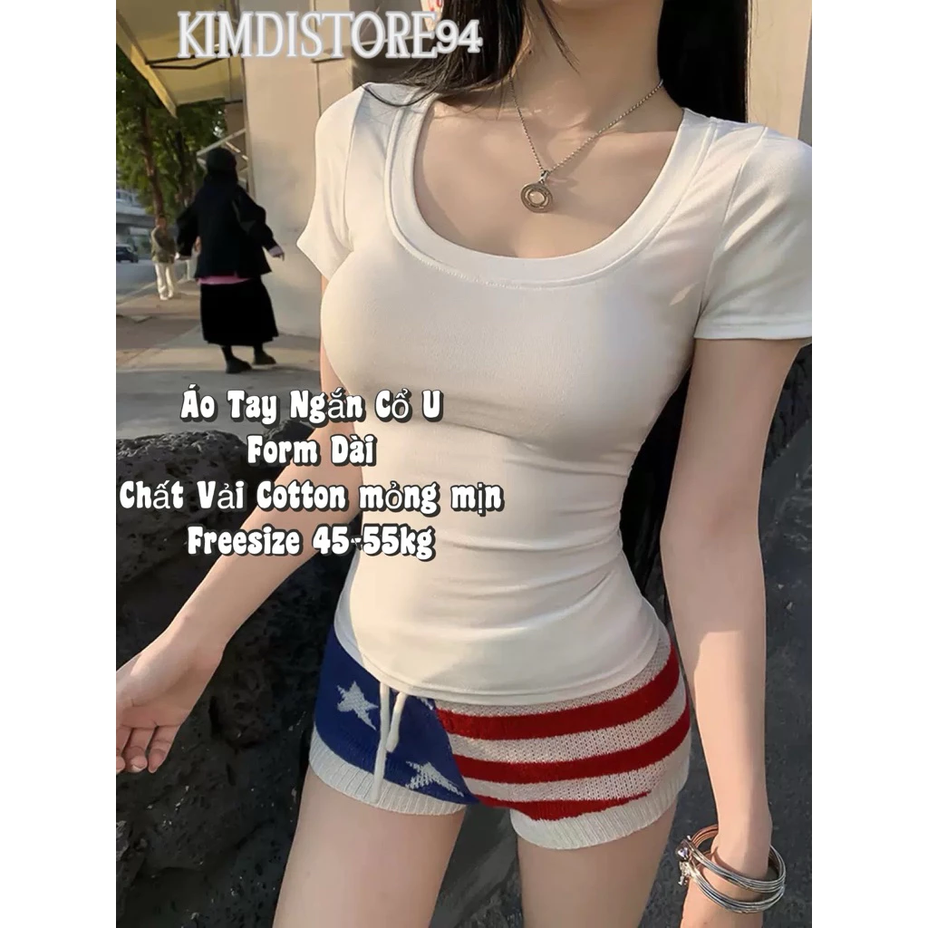 Áo Tay Ngắn Cổ U form Dài Chất Cotton Mỏng mịn