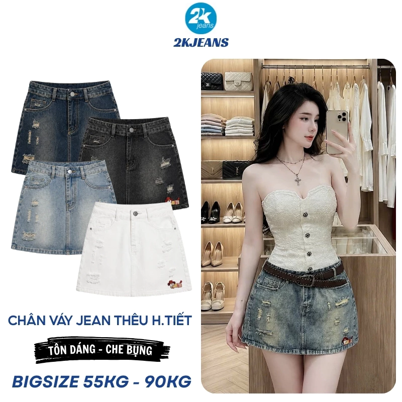 [DEAL SỐC] Chân Váy Jean Nữ Bigsize QC2122 Cạp Cao Rách Đùi Thêu Cún Có Lót Trong Năng Động 2KJEANS