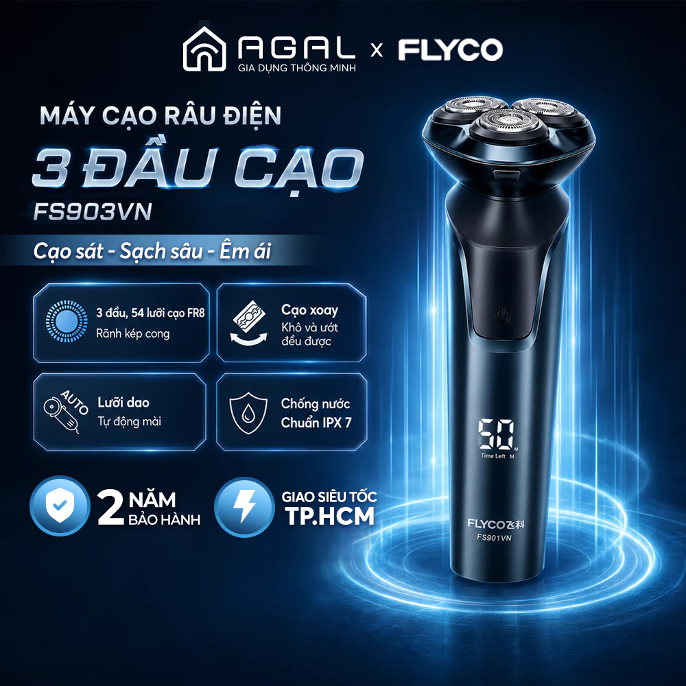 Máy cạo râu điện Flyco FS903VN Cạo êm, Sạch sâu | 3 đầu cạo | Lưỡi dao kép - Bảo hành 2 năm