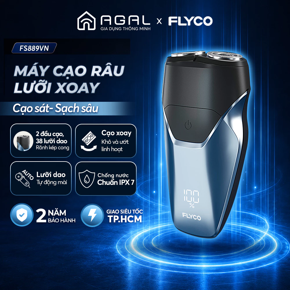 Máy cạo râu điện Flyco FS889VN 2 đầu cạo xoay | Cạo êm, sạch sâu | Chống kẹt râu - Bảo hành 2 năm