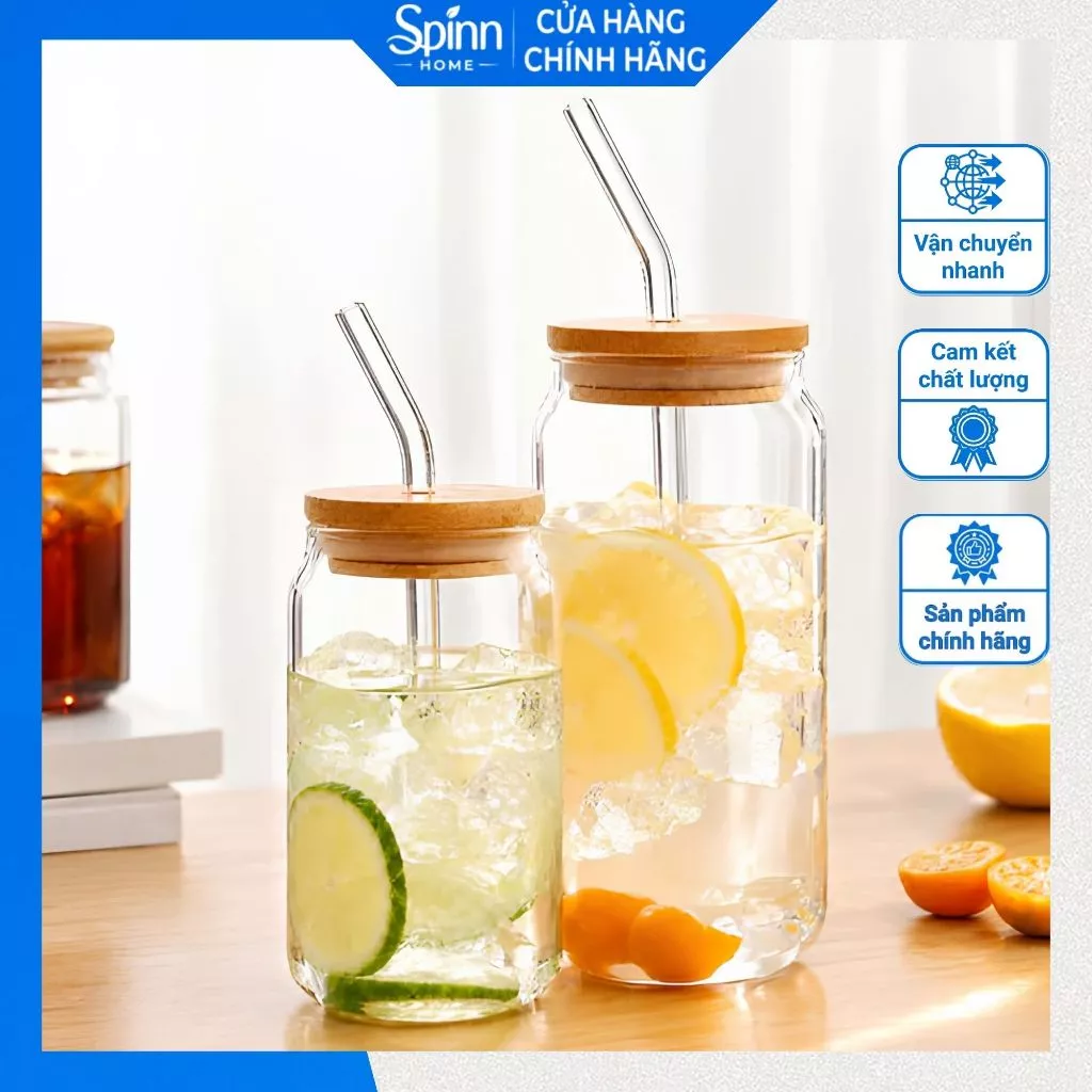 Cốc giữ nhiệt thủy tinh uống nước 540ml chịu nhiệt, cốc thủy tinh tặng kèm ống hút và nắp gỗ tre tiện dụng