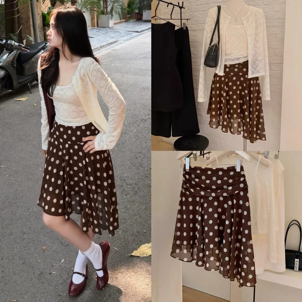 [Hàng Loại 1] Chân váy lụa nâu Chấm Bi To lệch tà form xoè KIWI SKIRT