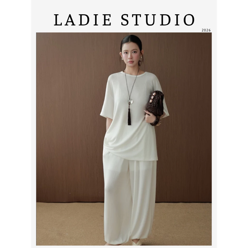 [LADIE STUDIO] Set áo tay ngắn và quần dài thun gãy – set đồ nữ suông rộng phong cách tối giản hiện đại SET04