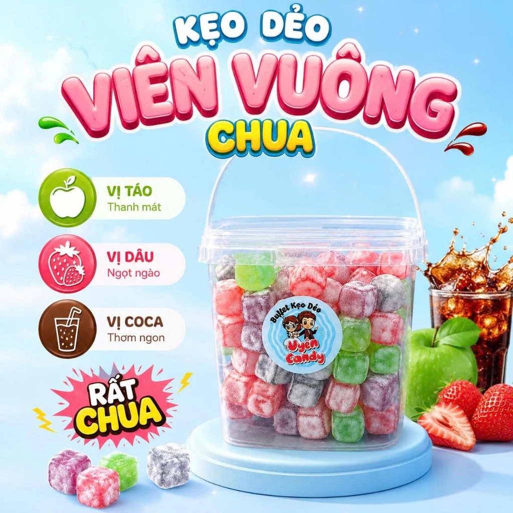 Kẹo Dẻo Viên Vuông Chua Mix Vị Táo Dâu Coca - Kẹo Dẻo Phủ Chua Ăn Vặt Cực Ngon, Dai Mềm, Rất Chua