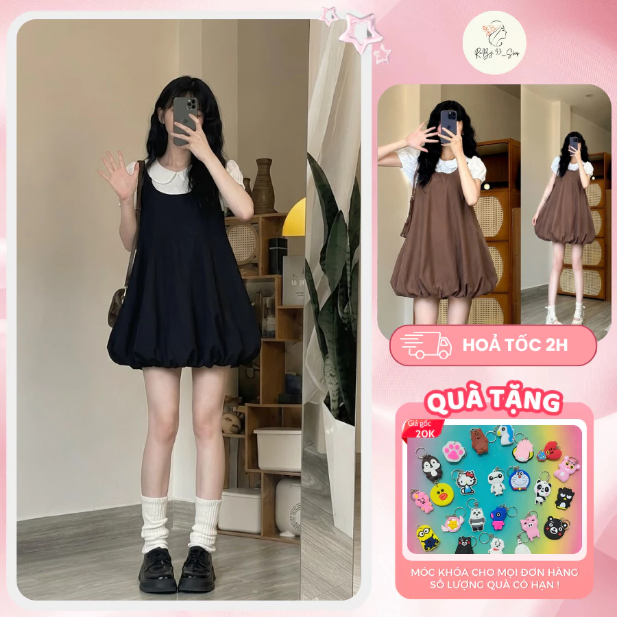 Set Váy Yếm Dáng Bí Su Trơn Basic Kèm Áo Cổ Sen, Đầm Babydoll Hàn Quốc 4 Màu