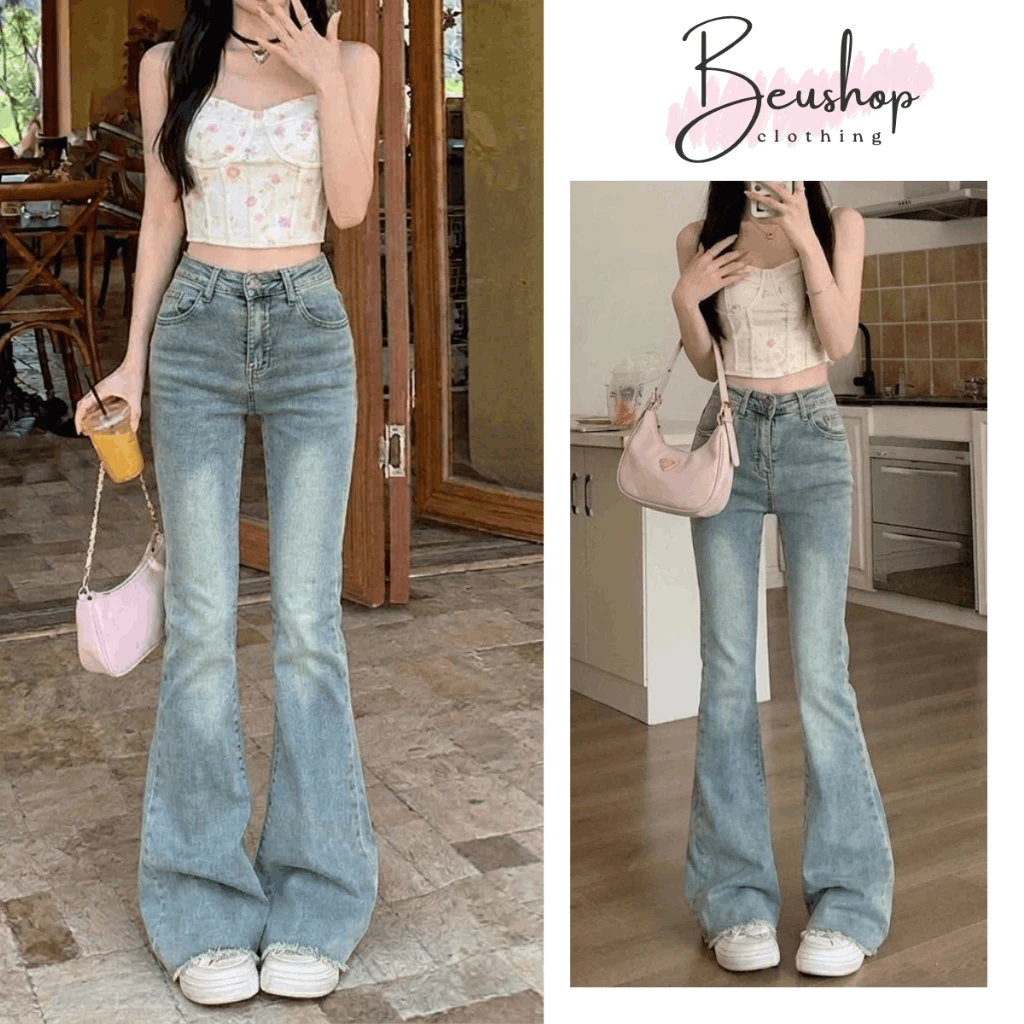 Quần Jean Nữ Ống LOE MIAA Ôm Đùi Xanh Mài WASH Quần Jean Loe Nữ Lưng Cao Ôm Eo Hack Chân Tôn Dáng