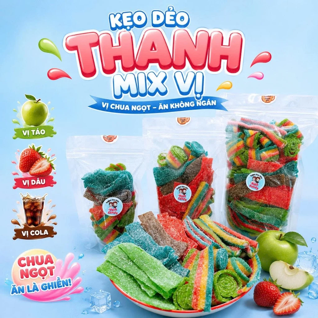 Kẹo Dẻo Thanh Mix Vị Trái Cây Chua Ngọt - Kẹo Dẻo Cầu Vồng Phủ Đường Dai Mềm Ăn Vặt Ngon