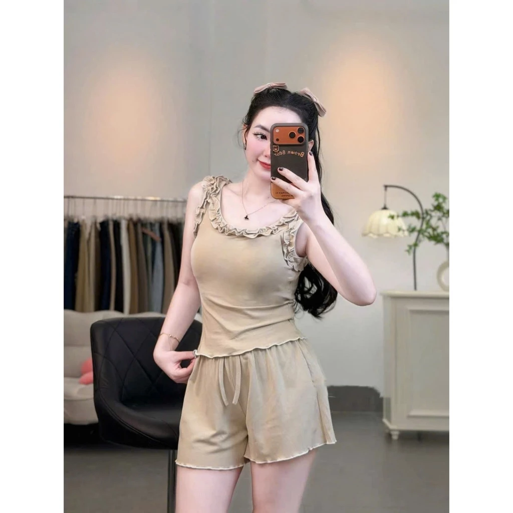 Sét bộ đùi chất cotton borrip áo phối bèo có mút lót v1 phối quần đùi trẻ trung_SBNT_1845