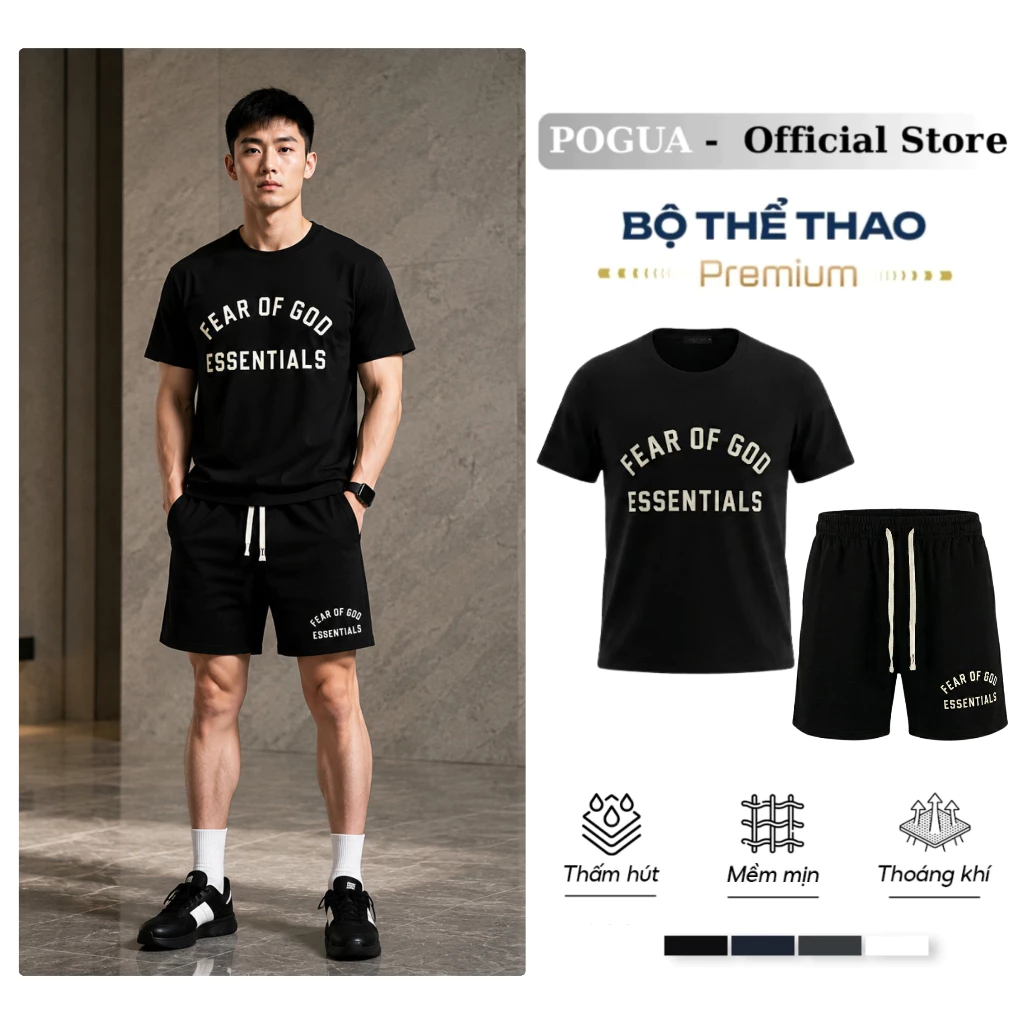 XẢ HÀNG - Bộ Quần Áo Thể Thao Nam POGUA Áo Cộc Tay Quần Short Chất Cotton Form Suông Thoáng Mát Mặc Hè