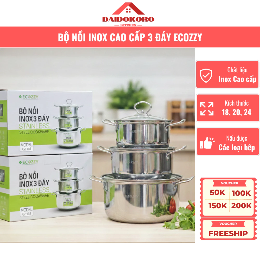 Bộ Nồi Inox 3 Đáy ECOZZY, Bộ 3 Nồi, Nắp Kính, Dùng Được Bếp Từ, Chống Cháy, Bền Đẹp
