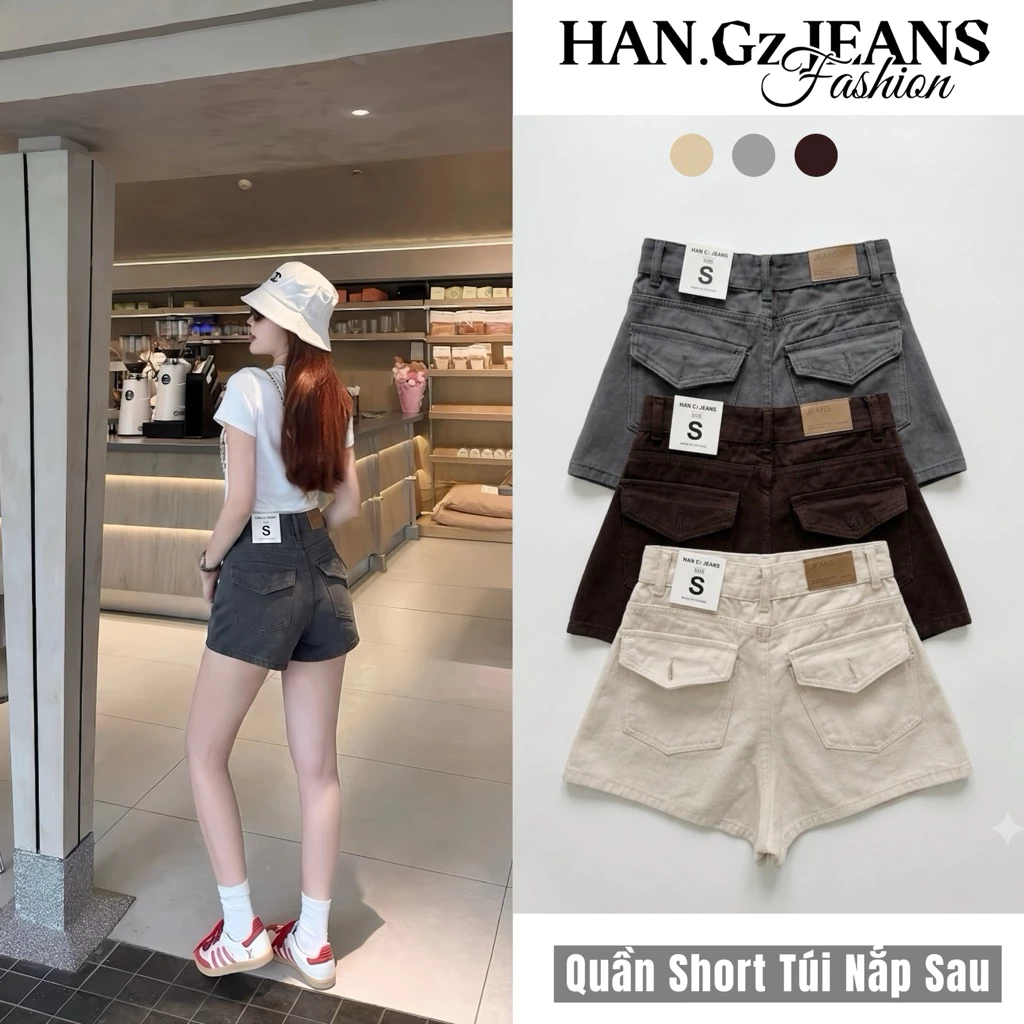 HAN.GZ JEANS - Quần Short Nữ Lưng Cao Dáng A Basic Túi Sau Phong Cách Short Nữ Form Rộng Thời Trang X296.
