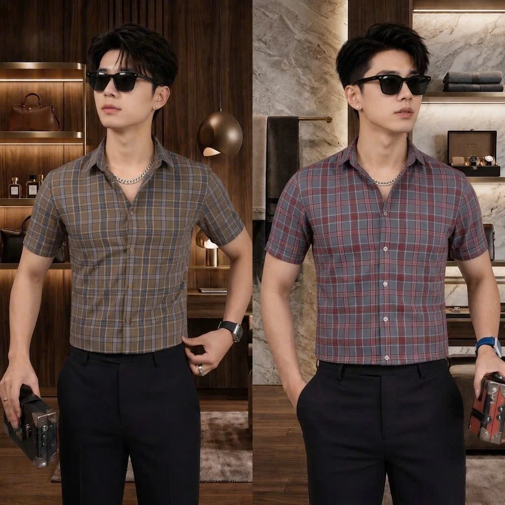 Áo sơ mi nam boy phố tay ngắn phối caro vải lụa mềm mịn fomr đẹp mẫu mới HOT BOUTIQUE_MENSWEAR