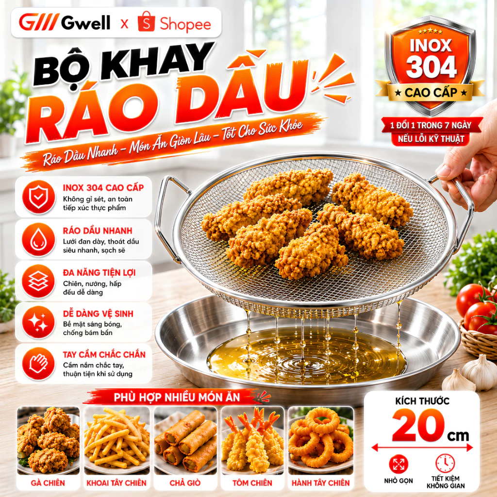 Set Khay Inox Kèm Vỉ Lưới Lọc Dầu Cao Cấp Size 20cm Dùng Đựng Thực Phẩm Tiện Lợi Cho Nhà Bếp