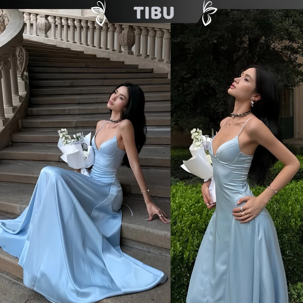 TIBU - Đầm Lụa Hai Dây Dáng Xoè Dài Xanh Baby Blue Sang Trọng Tôn Dáng Đi Chơi Dự Tiệc Mùa Hè D760