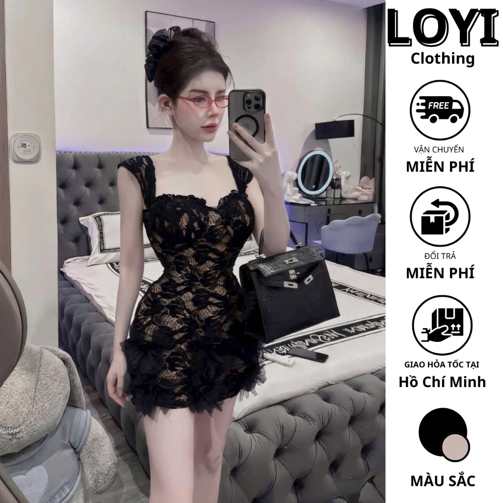 [Hỏa Tốc] Váy Ren Đen Ôm Body, Đầm Ôm Eo Tiểu Thư Sang Chảnh, Váy Ngắn Dự Tiệc, Đi Chơi Quyến Rũ