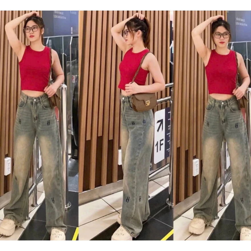 Quần bò jean ống rộng suông xuông nữ jeans cạp cao thêu chữ H phong cách Hàn Quốc