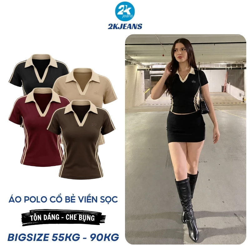 Áo Thun nữ cổ bẻ 2KJeans Bigsize 55kg-90kg, áo thun cộc tay viền sọc đường cong chất borip cotton co giãn AT9023