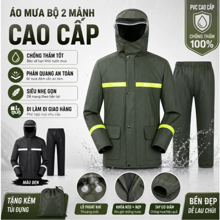 Áo Mưa 2 Mảnh Siêu Nhẹ Gấp Gọn Phản Quang Chống Mưa Cho Người Đi Xe Máy Giao Hàng Không Ướt