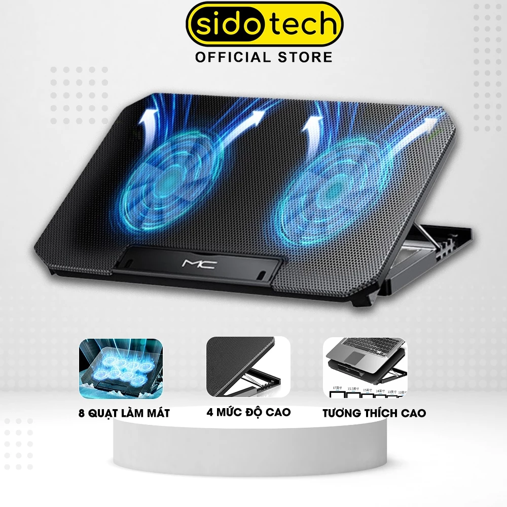 Đế tản nhiệt laptop SIDOTECH Q100 với 2 quạt lớn làm mát nhanh chống ồn led gaming 4 mức điều chỉnh độ cao tốc độ gió