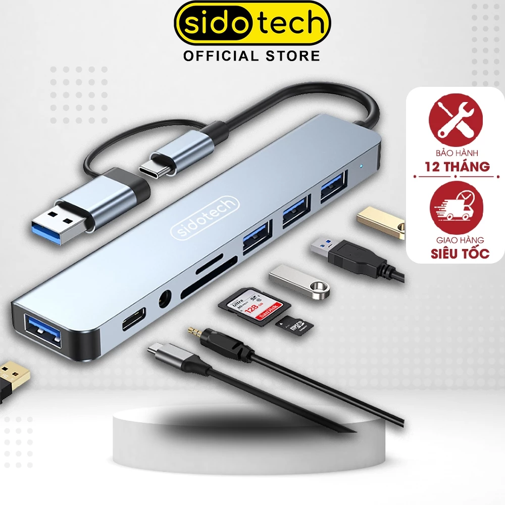 Hub type c usb 3.0 SIDOTECH 2 đầu 8 port in 1 cổng chuyển đổi tích hợp PD SD TF mở rộng macbook laptop ipad máy in pc