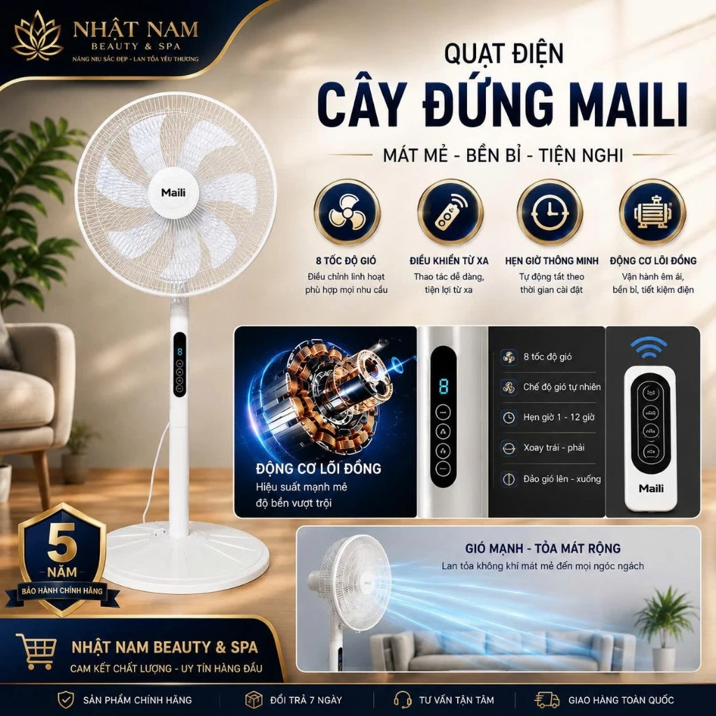 Quạt Điện Cây Đứng MAILI Cao Cấp 8 Chế Độ Gió, Làm Mát Cực Nhanh, Điều Khiển Từ Xa, Hẹn Giờ An Toàn Tiện Lợi