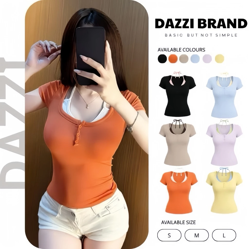 Áo thun nữ tay ngắn cổ vuông có nút phối layer 2 lớp dây yếm DAZZI women A097