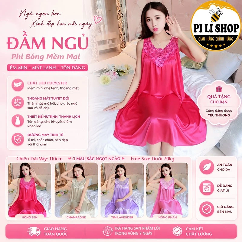 Đầm Ngủ Nữ Phi Lụa Mềm Mịn Sát Nách Phối Ren Dáng Suông, Đồ Ngủ Lụa Trơn Thêu Hoa FreeSize Dưới 70kg